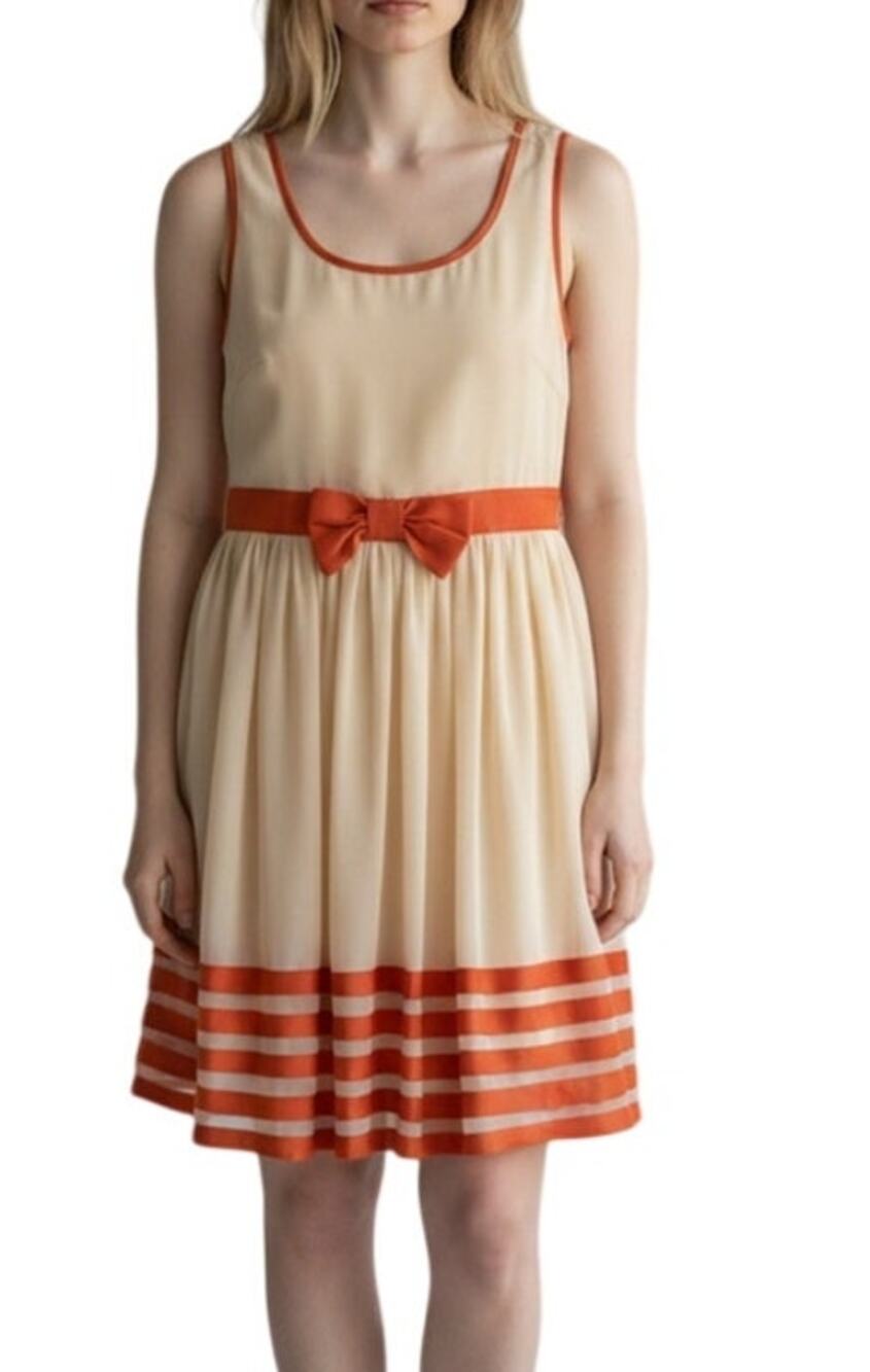 a'reve Women's Small Orange Cream Sleeveless Scoop Neck Striped Midi Dress